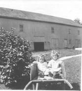 SA0389 - Photo of a large wood shed, since taken down, and two little girls sitting in a wheelbarrow. Identified on the back.